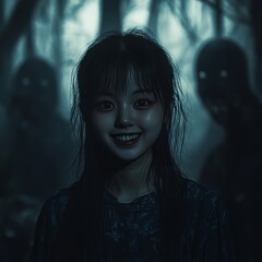 Canvas Print - A young woman smiles in a dark forest with shadowy figures behind her.