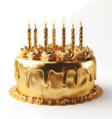 Wall Mural - 3D gold metallic birthday cake with candles on a white background