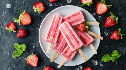 Top-down view of assorted strawberry ice cream popsicles on a round white plate, with scattered strawberry slices and mint leaves on a dark stone background