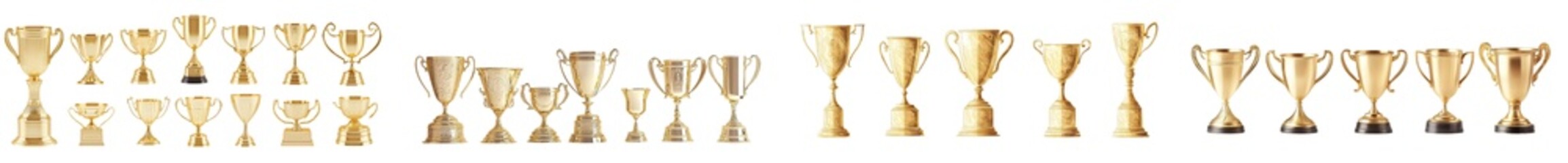 Isolated on a white background are a set of golden trophies