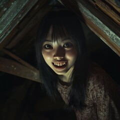 Sticker - A young woman with a creepy smile, peeking out from behind wooden beams in a dark attic.