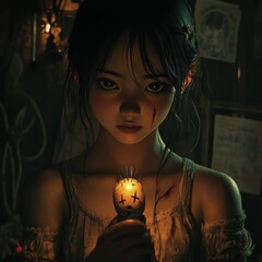 Canvas Print - A young woman with a distressed look holds a doll with a lit candle in her hand, illuminated by a dim light.