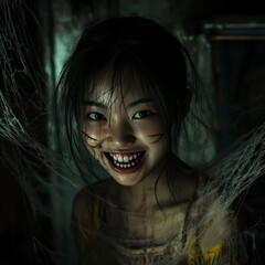 Poster - A young woman with a mischievous grin, covered in cobwebs and dirt, looks directly at the viewer.