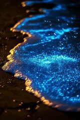 Poster - Bioluminescent Waves Crashing on a Dark Sandy Beach at Night