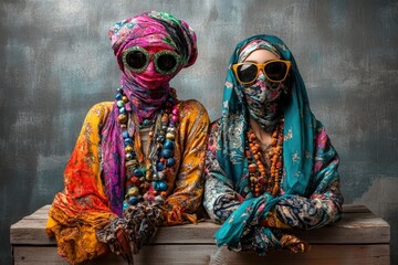 Two women dressed in vibrant, traditional attire adorned with an array of colorful beads, standing against a textured backdrop that emphasizes their ornamental styles.