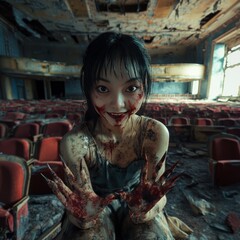 Canvas Print - A young woman with blood on her face and hands sits in a dilapidated theater.