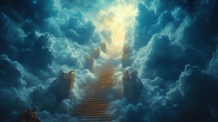 Wall Mural - ethereal staircase ascending through clouds towards ornate golden gates soft diffused light angels hovering nearby dreamlike atmosphere with hints of celestial blue and white