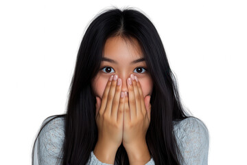 Astonished Young Asian Woman with Hands Covering Mouth on Transparent Background