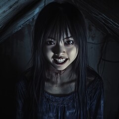 Wall Mural - A young woman with blood on her neck, smiling creepily in a dark and scary environment.