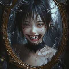 Wall Mural - A young woman with bloody scratches on her face smiles unnervingly in a cracked mirror.