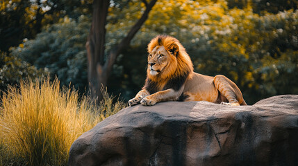 Wall Mural - A majestic lion resting on a large rock in its zoo enclosure, with tall grass and trees in the background.