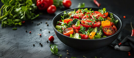 Fresh vegetable salad bowl with tomatoes, peppers, and herbs on a dark background