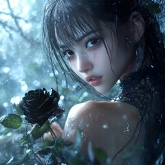 Poster - A young woman with dark hair and eyes looks at the camera with a black rose in her hand.  She is in a dark, mysterious forest setting, and rain is falling.