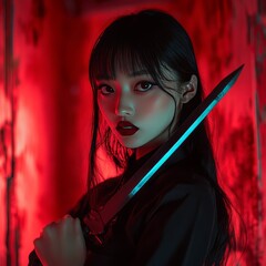 Poster - A young woman with dark hair and red lips holds a silver sword in a red-lit room.