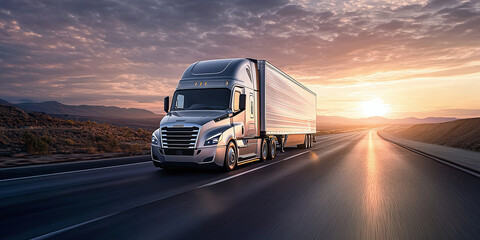 Modern truck on the highway at sunset. Vehicle on the road