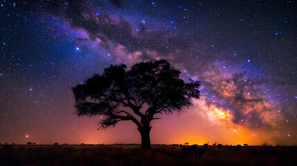 Silhouette tree in Africa with stars and the Milky Way in the background. A dark tree silhouetted against the setting sun.