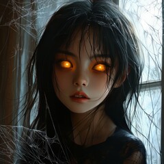 Wall Mural - A young woman with glowing eyes looks out a window covered in cobwebs.