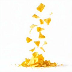 Pile tortilla chips crumbs, yellow pieces flying isolated on white background high saturation