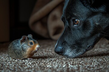 Black Dog Sniffing a Small Rodent on Carpet