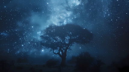 Silhouette tree in Africa with stars and the Milky Way in the background. A dark tree silhouetted against the setting sun.