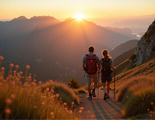 Couple Hiking in the Mountains at Sunset