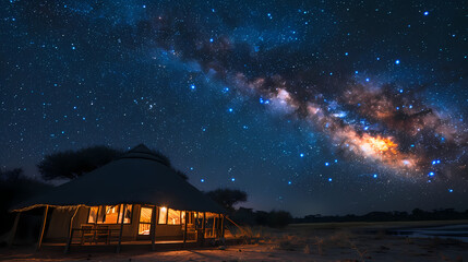 Silhouette tree in Africa with stars and the Milky Way in the background. A dark tree silhouetted against the setting sun.