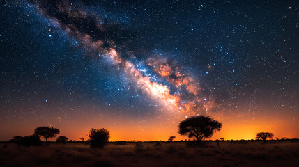 Silhouette tree in Africa with stars and the Milky Way in the background. A dark tree silhouetted against the setting sun.