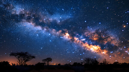 Silhouette tree in Africa with stars and the Milky Way in the background. A dark tree silhouetted against the setting sun.