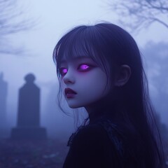 Canvas Print - A young woman with glowing purple eyes stands in a foggy graveyard.