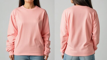 A woman wearing a stylish pink long-sleeve shirt, showcasing a modern and comfortable design perfect for casual outings.