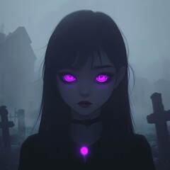 Canvas Print - A young woman with glowing purple eyes stands in a foggy graveyard.