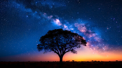 Silhouette tree in Africa with stars and the Milky Way in the background. A dark tree silhouetted against the setting sun.