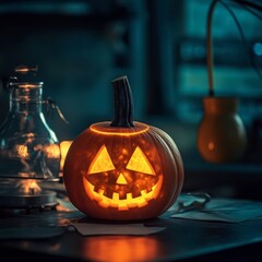 Poster - A glowing pumpkin lantern sits on a table, illuminating a cozy room