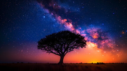 Silhouette tree in Africa with stars and the Milky Way in the background. A dark tree silhouetted against the setting sun.