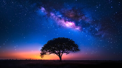 Silhouette tree in Africa with stars and the Milky Way in the background. A dark tree silhouetted against the setting sun.