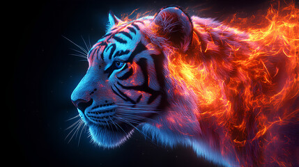 Wall Mural - tiger, the head of a tiger in a multi-colored flame. Abstract multicolored profile portrait of a tiger head on a black background