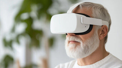 Senior man in virtual reality headset using advanced technology 