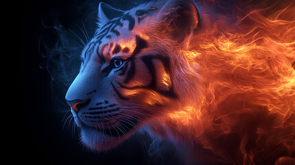 Sticker - tiger, the head of a tiger in a multi-colored flame. Abstract multicolored profile portrait of a tiger head on a black background