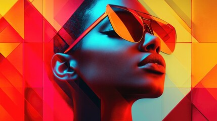 Poster - A Close-Up Portrait of a Woman Wearing Sunglasses Against a Geometric Background