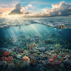 Wall Mural - Illustration of Clean Ocean vs. Polluted Ocean with Marine Life and Plastic Waste

