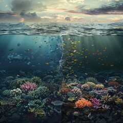 Wall Mural - Illustration of Clean Ocean vs. Polluted Ocean with Marine Life and Plastic Waste

