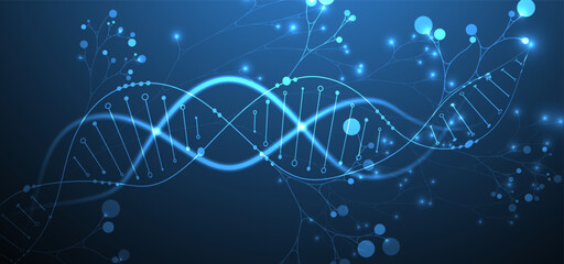 Aufkleber - Scientific medical background with abstract image of dna molecule and tree branches. Neon glow effects and gradient. Hand drawn vector illustration.