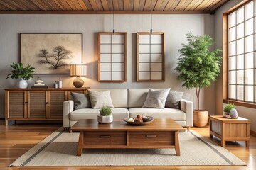 Square coffee table near white sofa and rustic cabinets against white wall with blank poster frames with copy space. Japanese home interior design of modern living room