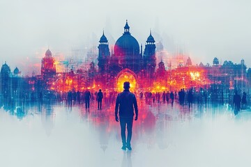 Poster - Mysterious Silhouette Against Vibrant Cityscape Background