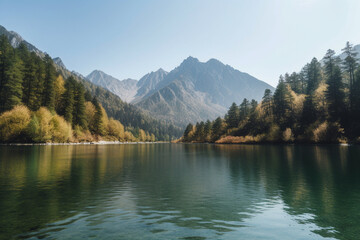 Canvas Print - Beautiful lake and mountain landscape generative AI