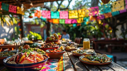 Colorful outdoor mexican fiesta with traditional food and decorations