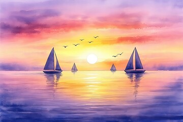 Canvas Print - Sailing Boats at Sunset Over Calm Waters