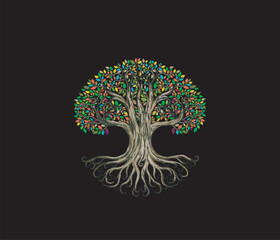 Wall Mural - Rainbow tree and roots  isolated on black background	