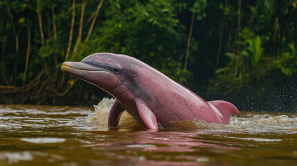 Wall Mural - Graceful pink river dolphin emerging from the waters of the Amazon river, surrounded by lush vegetation