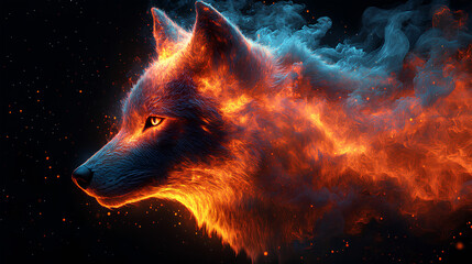 Wall Mural - wolf, the head of a wolf in a multi-colored flame. Abstract multicolored profile portrait of a wolf head on a black background